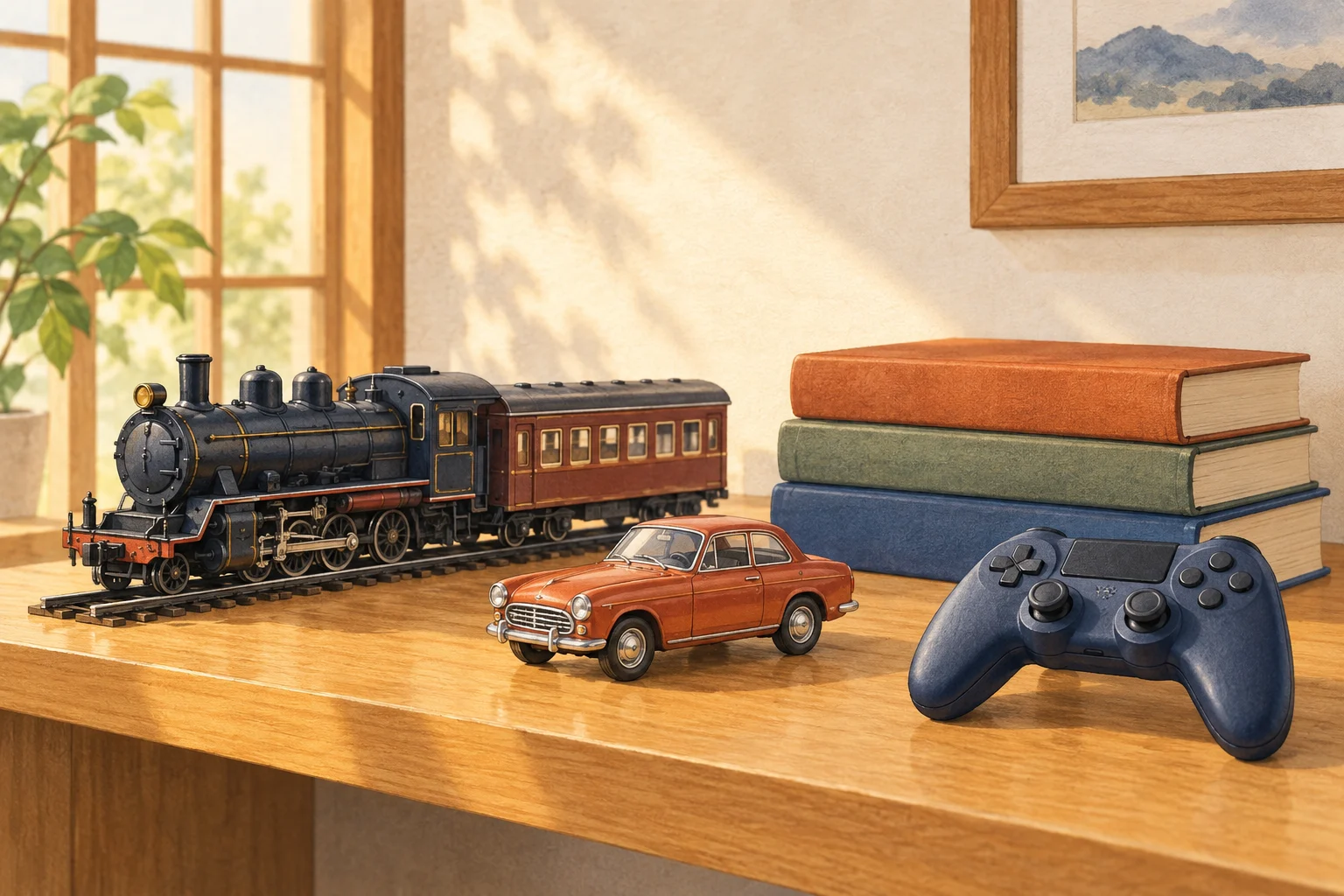 本と鉄道模型、ミニカー、ゲームのコントローラーのイラスト