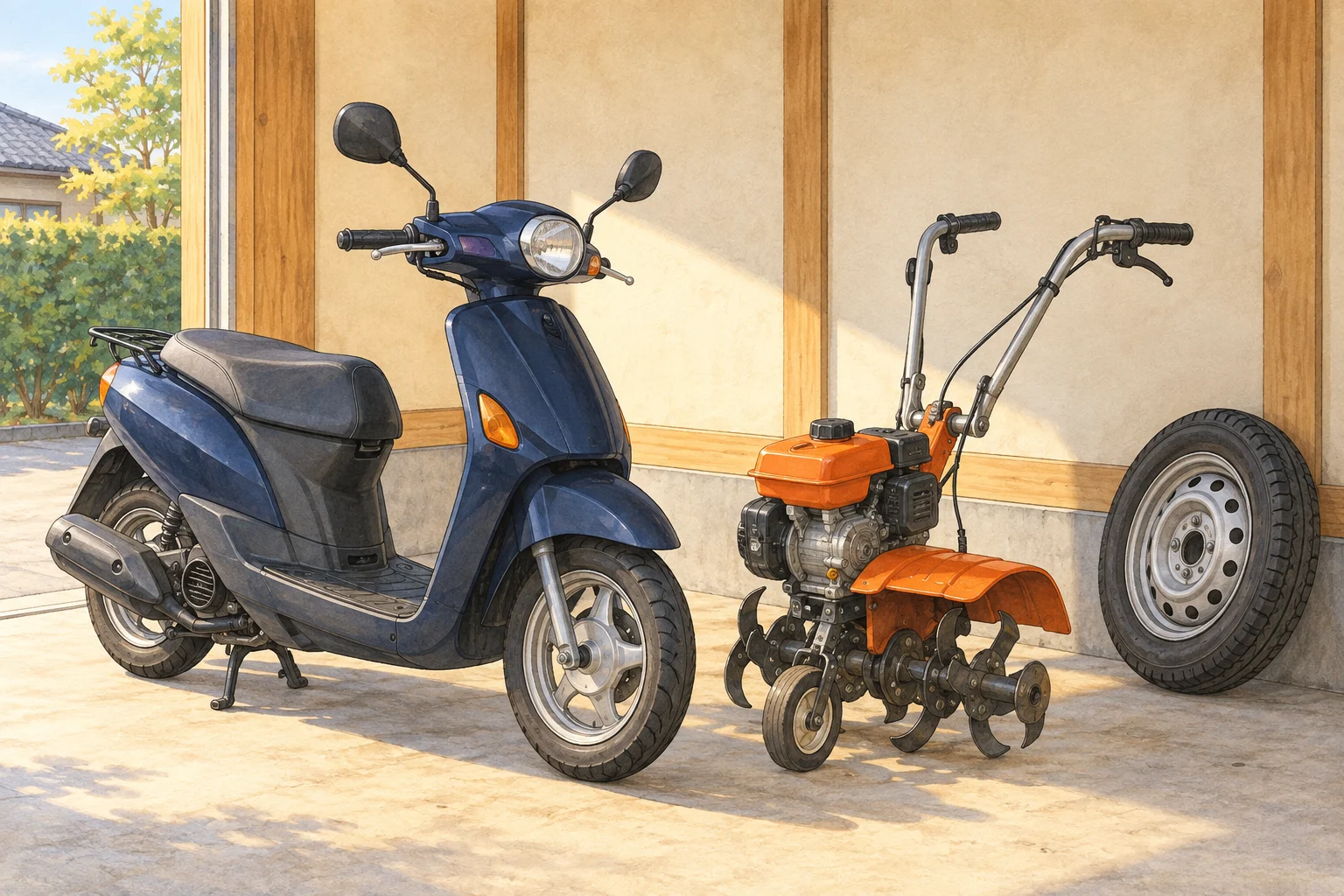 車庫に置かれたスクーターと小型の耕運機、タイヤのイラスト