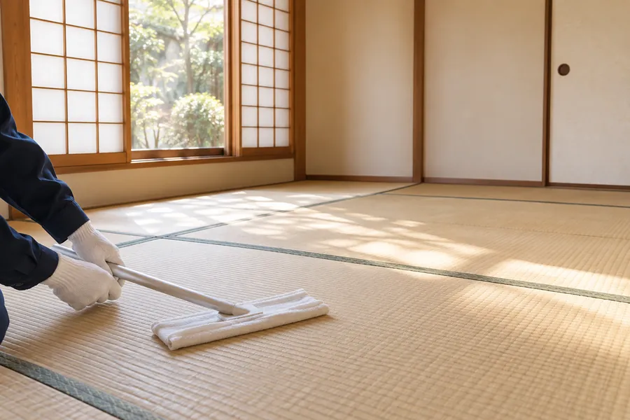 家具を運び出した後の和室の床を拭いている様子