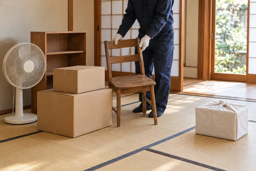 手放す家具と残す品を分けて置いている様子
