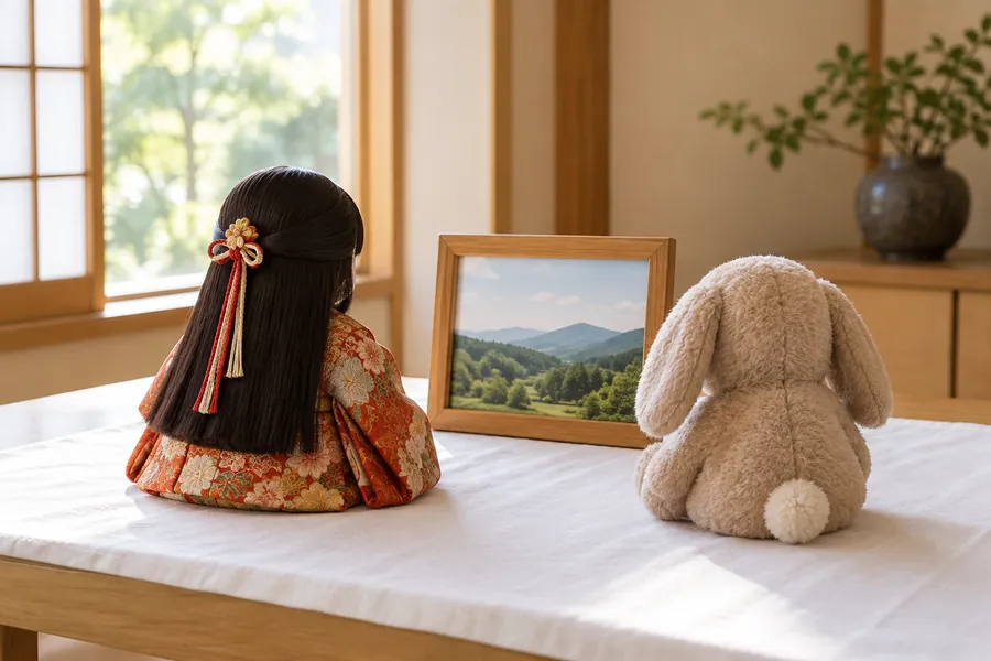 人形や写真立てを白い布の上に丁寧に並べている様子