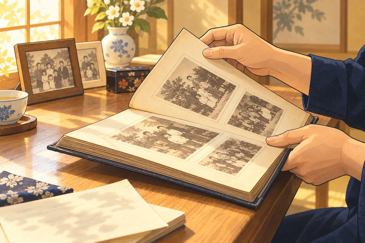 大切な写真の入ったアルバムを手に取り確認するイラスト